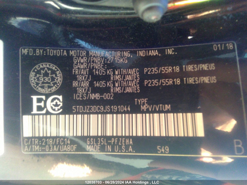 2018 Toyota Sienna Le 7-Passenger VIN: 5TDJZ3DC9JS191044 Lot: 12038703