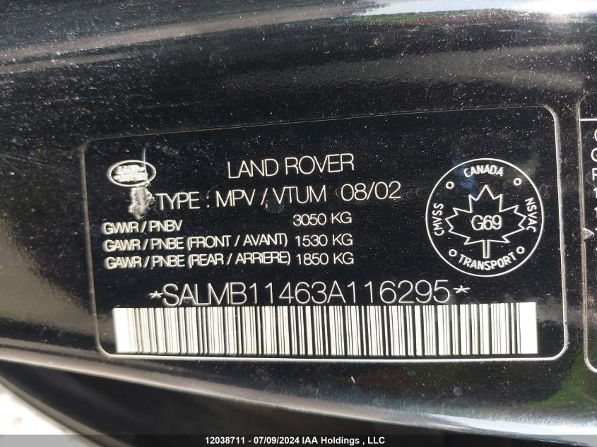 2003 Land Rover Range Rover VIN: SALMB11463A116295 Lot: 12038711