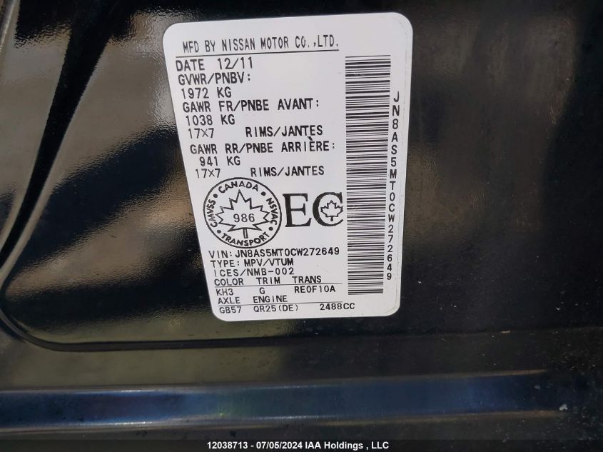 2012 Nissan Rogue VIN: JN8AS5MT0CW272649 Lot: 12038713