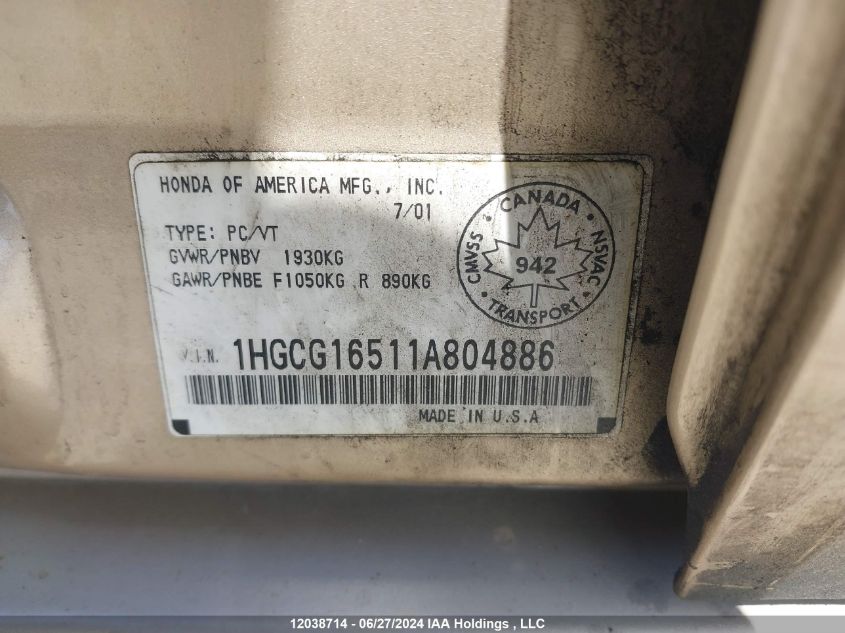 2001 Honda Accord Sdn VIN: 1HGCG16511A804886 Lot: 12038714