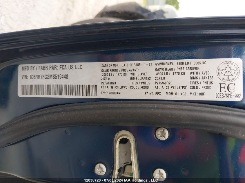 2021 Ram 1500 Classic Tradesman VIN: 1C6RR7FG2MS519448 Lot: 12038720