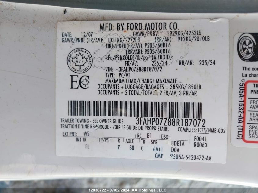 2008 Ford Fusion VIN: 3FAHP07Z88R187072 Lot: 12038722