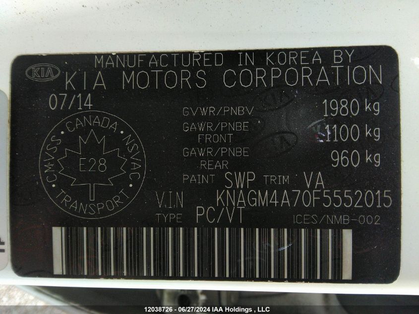 2015 Kia Optima VIN: KNAGM4A70F5552015 Lot: 12038726