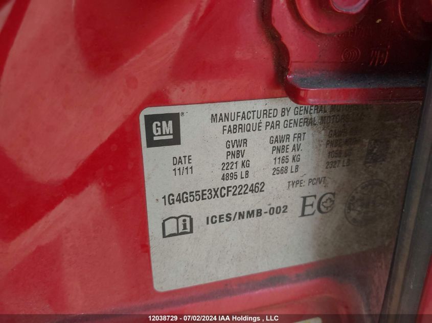 2012 Buick Lacrosse VIN: 1G4G55E3XCF222462 Lot: 12038729