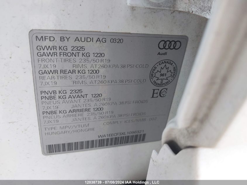 2020 Audi Q3 VIN: WA1EECF3XL1096321 Lot: 12038739