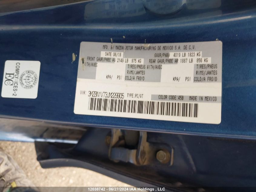 2018 Mazda Mazda3 VIN: 3MZBN1V73JM229905 Lot: 12038742