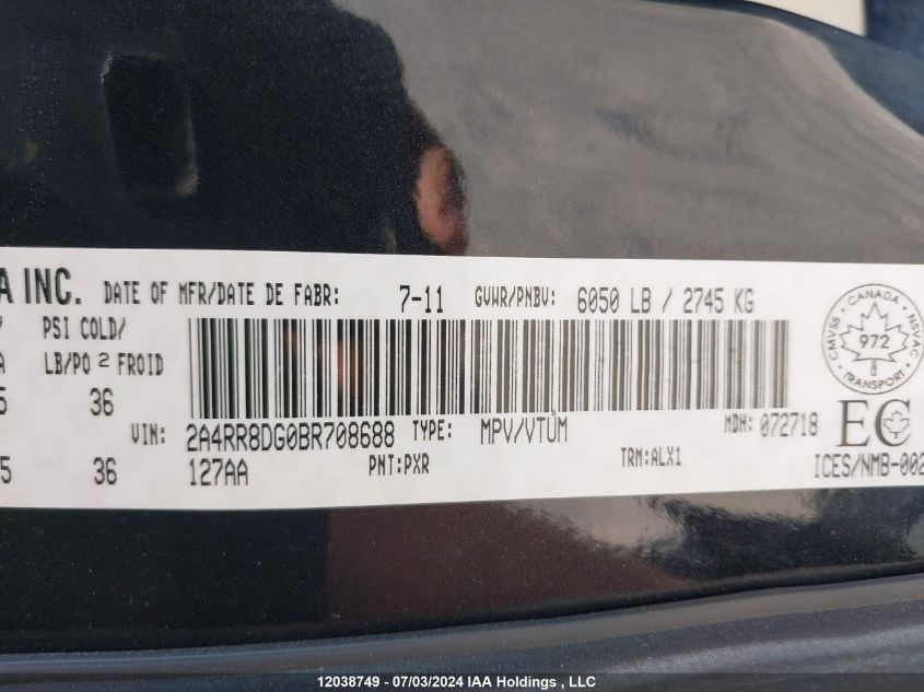 2011 Chrysler Town & Country VIN: 2A4RR8DG0BR708688 Lot: 12038749