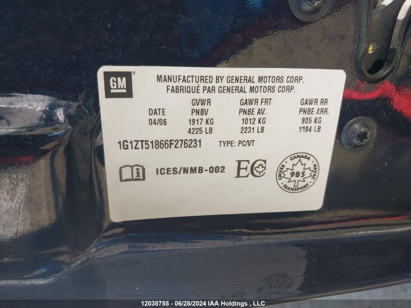 2006 Chevrolet Malibu VIN: 1G1ZT51866F276231 Lot: 12038755