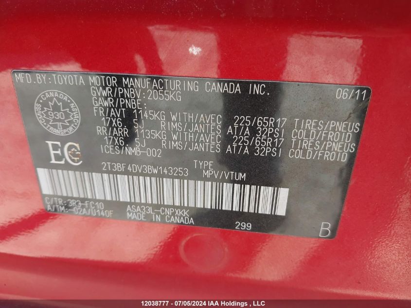 2011 Toyota Rav4 VIN: 2T3BF4DV3BW143253 Lot: 12038777