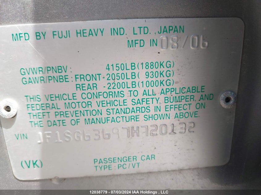 2007 Subaru Forester 2.5X/Sports 2.5X VIN: JF1SG63697H720132 Lot: 12038779