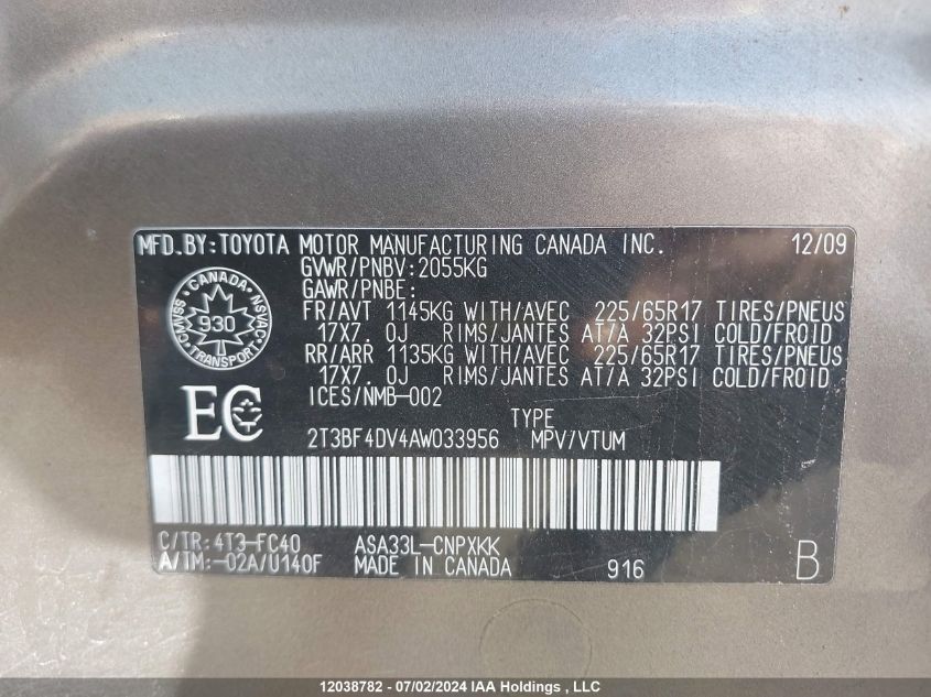 2010 Toyota Rav4 VIN: 2T3BF4DV4AW033956 Lot: 12038782