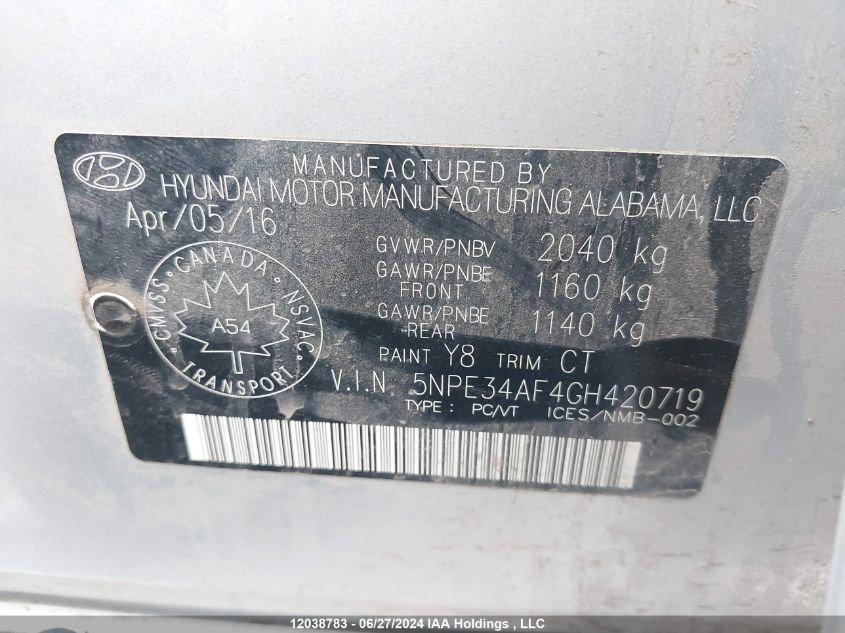 2016 Hyundai Sonata Sport/Limited VIN: 5NPE34AF4GH420719 Lot: 12038783