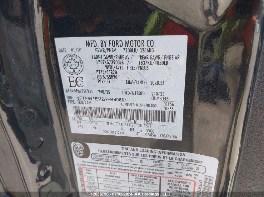 2010 Ford F150 Supercrew VIN: 1FTFW1EV2AFB40861 Lot: 12038790