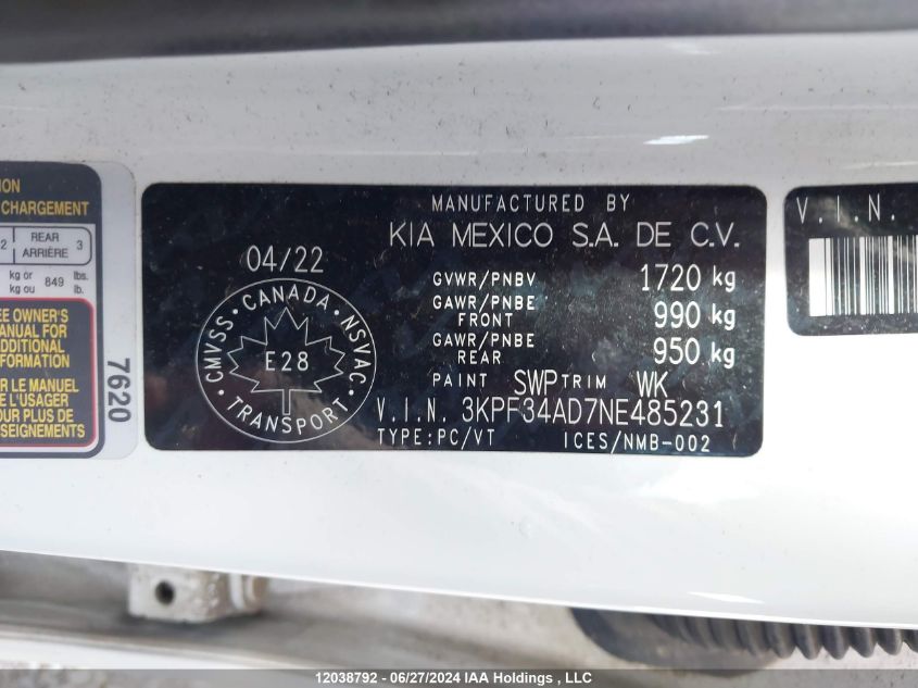 3KPF34AD7NE485231 2022 Kia Forte