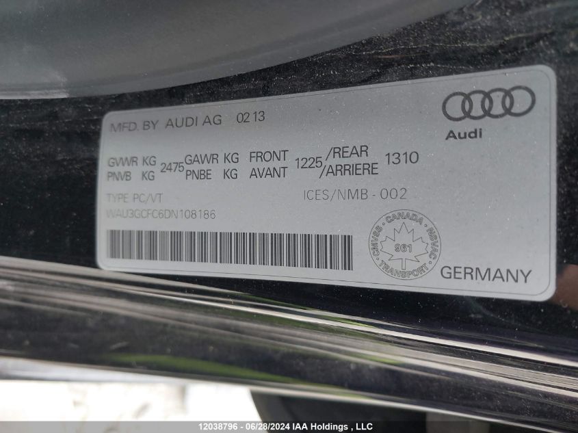 2013 Audi A7 VIN: WAU3GCFC6DN108186 Lot: 12038796