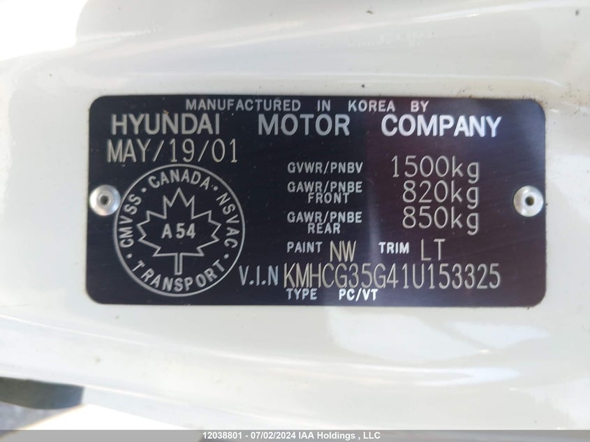 2001 Hyundai Accent VIN: KMHCG35G41U153325 Lot: 12038801