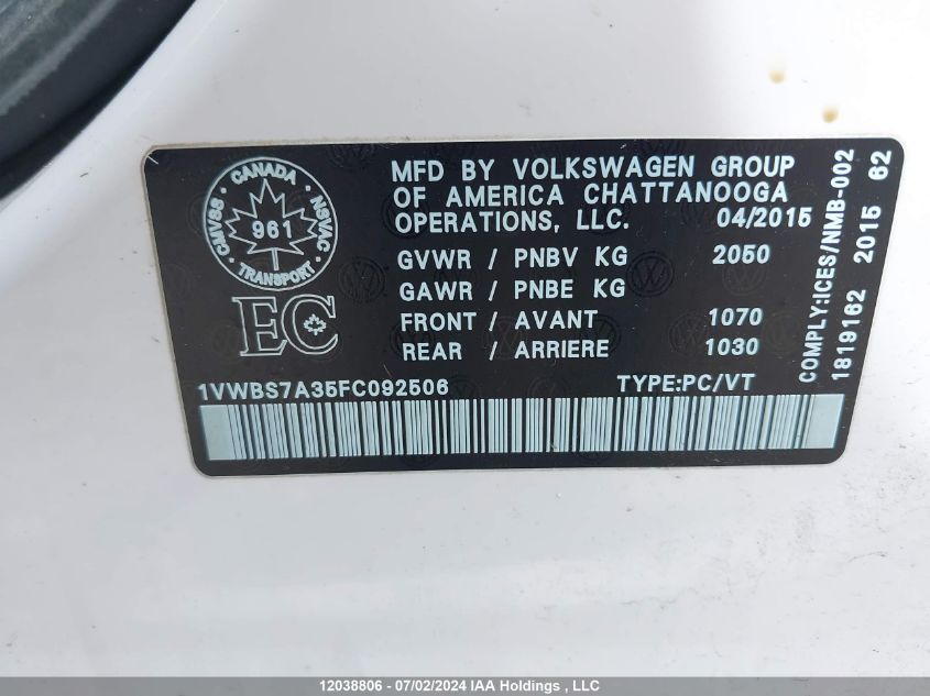 2015 Volkswagen Passat VIN: 1VWBS7A35FC092506 Lot: 12038806