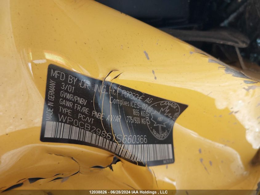 2001 Porsche Boxster S VIN: WP0CB29861S660366 Lot: 12038826