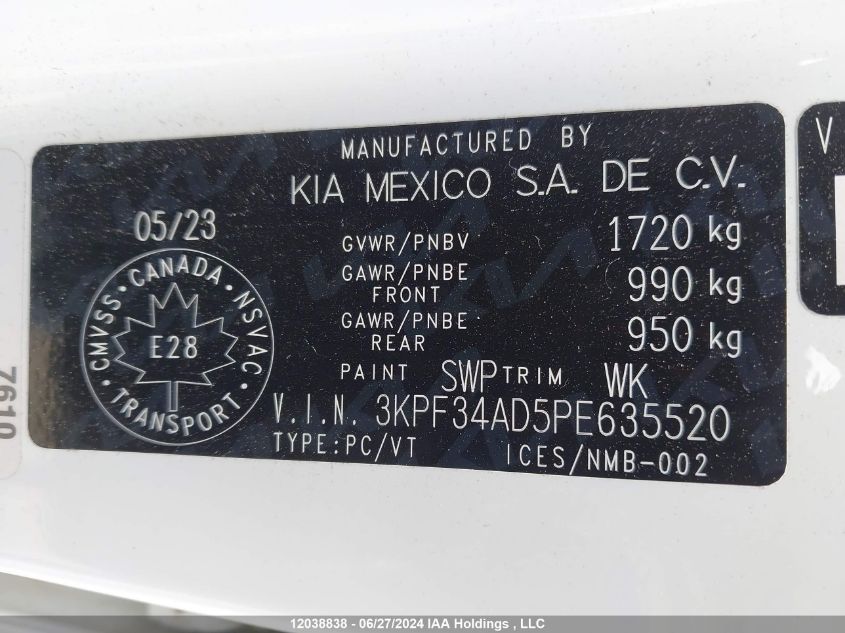 2023 Kia Forte VIN: 3KPF34AD5PE635520 Lot: 12038838