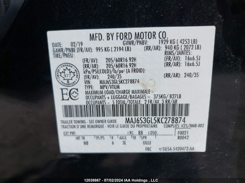 2019 Ford Ecosport VIN: MAJ6S3GL5KC278874 Lot: 12038867