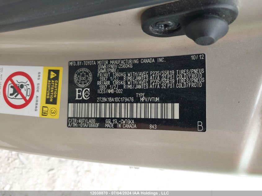 2013 Lexus Rx 350/Base/F Sport VIN: 2T2BK1BA1DC179476 Lot: 12038870