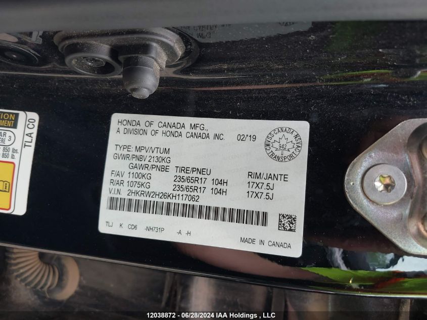 2019 Honda Cr-V Lx VIN: 2HKRW2H26KH117062 Lot: 12038872