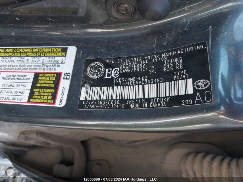 2010 Toyota Corolla VIN: 2T1BU4EE5AC303193 Lot: 12038880