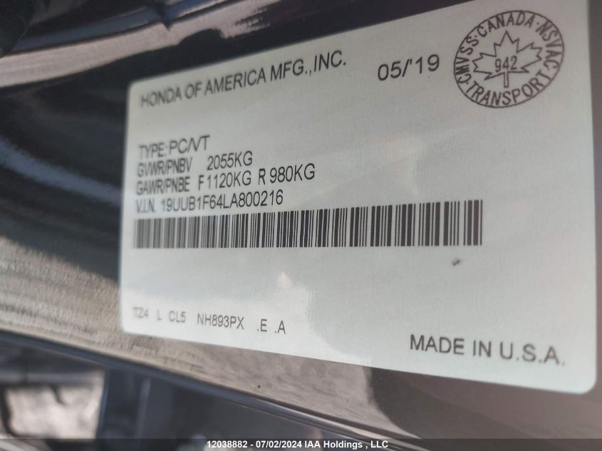 2020 Acura Tlx VIN: 19UUB1F64LA800216 Lot: 12038882