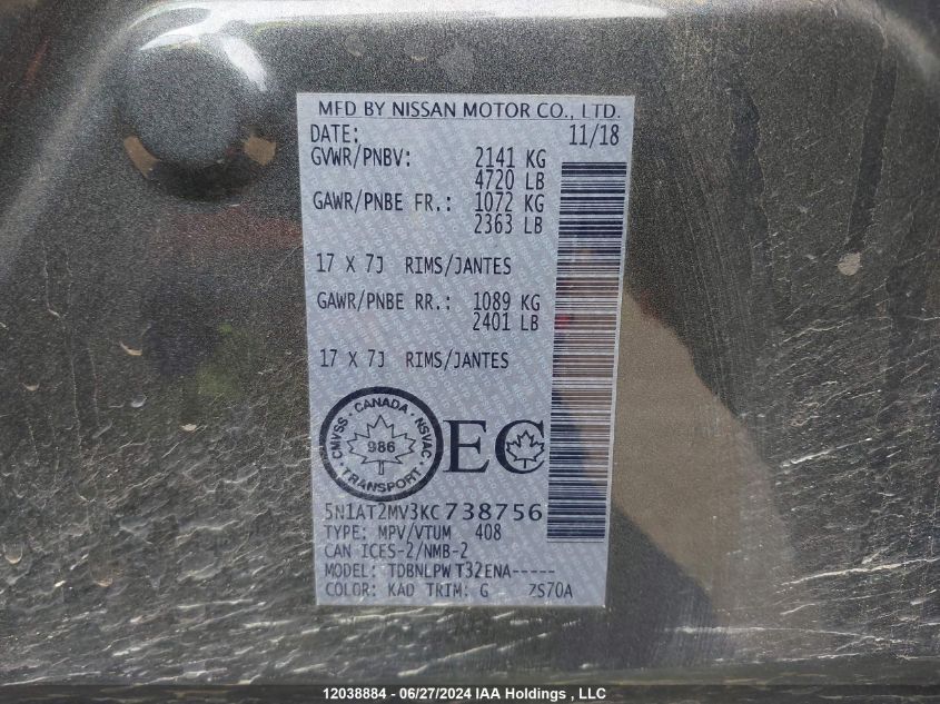 2019 Nissan Rogue VIN: 5N1AT2MV3KC738756 Lot: 12038884