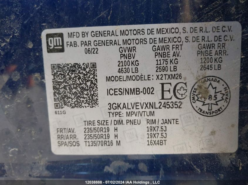 2022 GMC Terrain VIN: 3GKALVEVXNL245352 Lot: 12038888