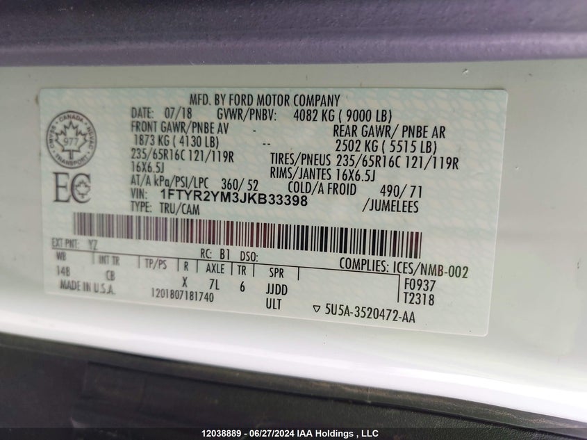 1FTYR2YM3JKB33398 2018 FORD TRANSIT photo no. 9