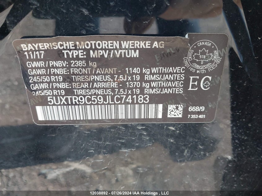 2018 BMW X3 3.0I VIN: 5UXTR9C59JLC74183 Lot: 12038892