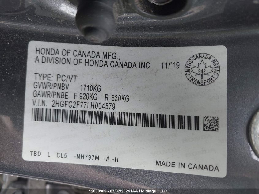 2020 Honda Civic Sedan VIN: 2HGFC2F77LH004579 Lot: 12038909