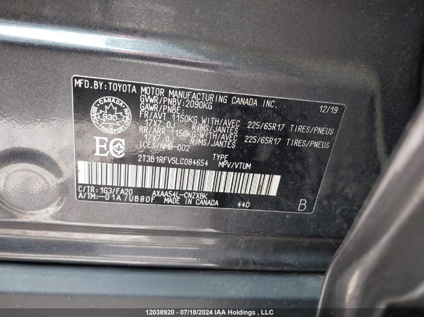 2020 Toyota Rav4 Le VIN: 2T3B1RFV5LC084654 Lot: 12038920