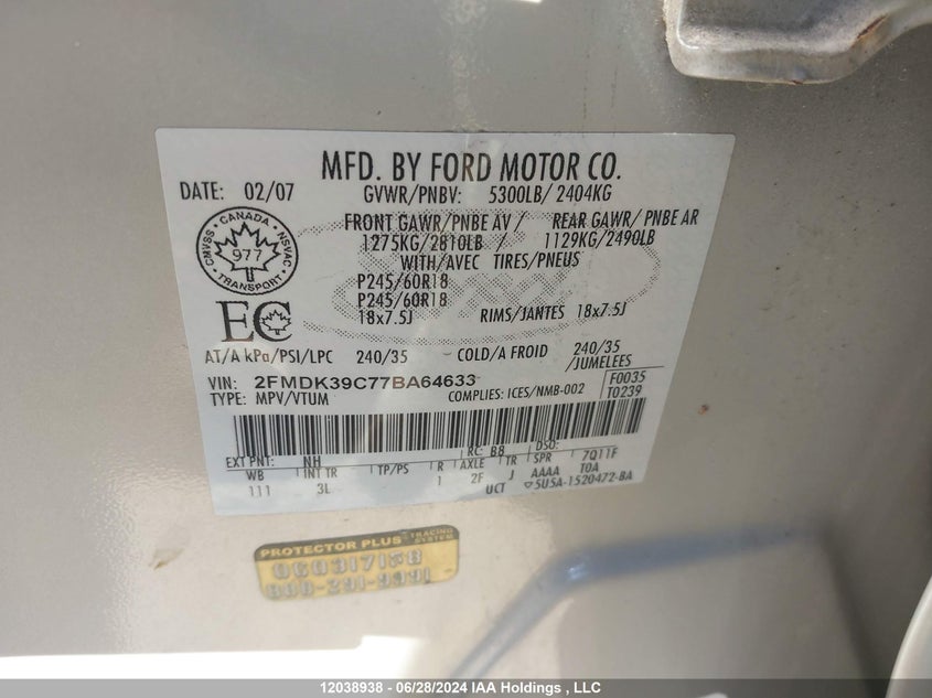 2007 Ford Edge Sel Plus VIN: 2FMDK39C77BA64633 Lot: 12038938