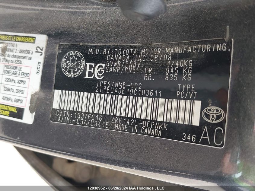 2009 Toyota Corolla S/Le/Xle VIN: 2T1BU40E19C103611 Lot: 12038952