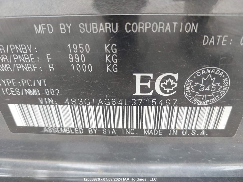 2020 Subaru Impreza VIN: 4S3GTAG64L3715467 Lot: 12038970