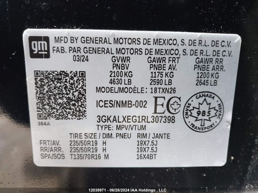 2024 GMC Terrain VIN: 3GKALXEG1RL307398 Lot: 12038971