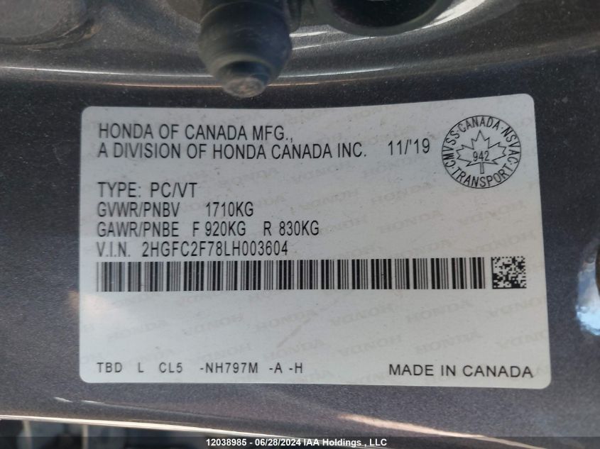 2020 Honda Civic Sedan VIN: 2HGFC2F78LH003604 Lot: 12038985