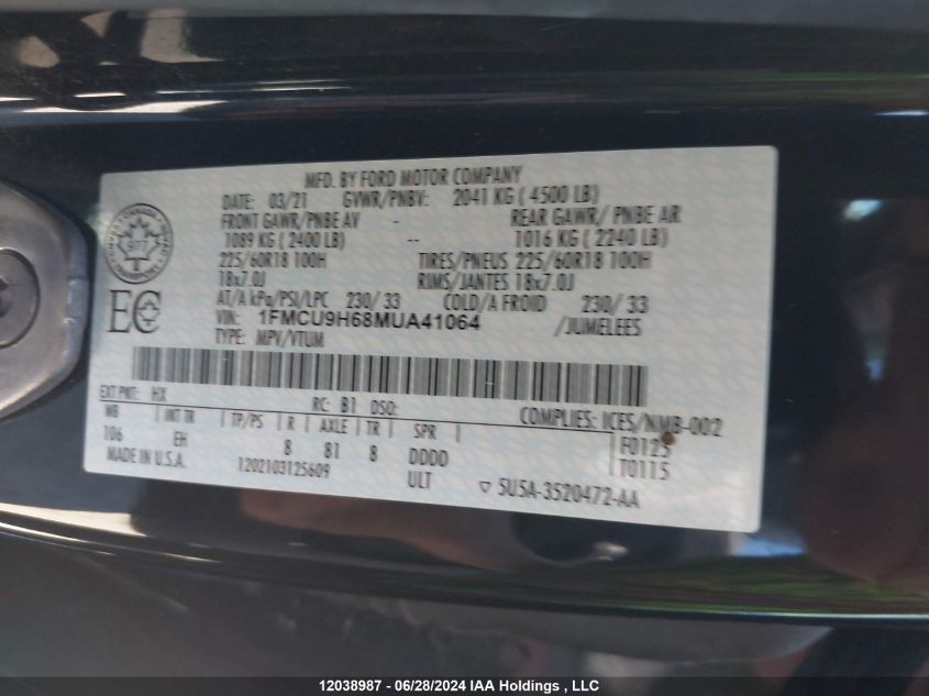 2021 Ford Escape Sel VIN: 1FMCU9H68MUA41064 Lot: 12038987