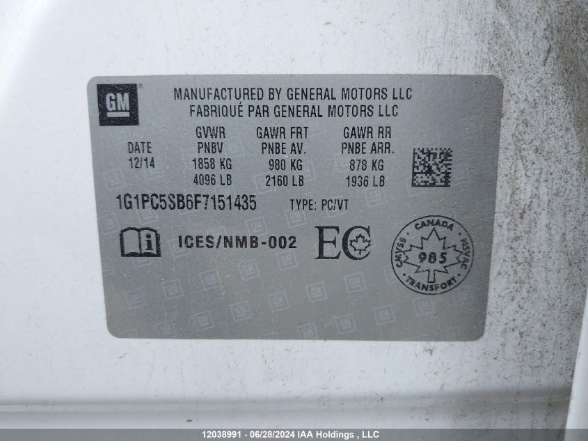 2015 Chevrolet Cruze VIN: 1G1PC5SB6F7151435 Lot: 12038991