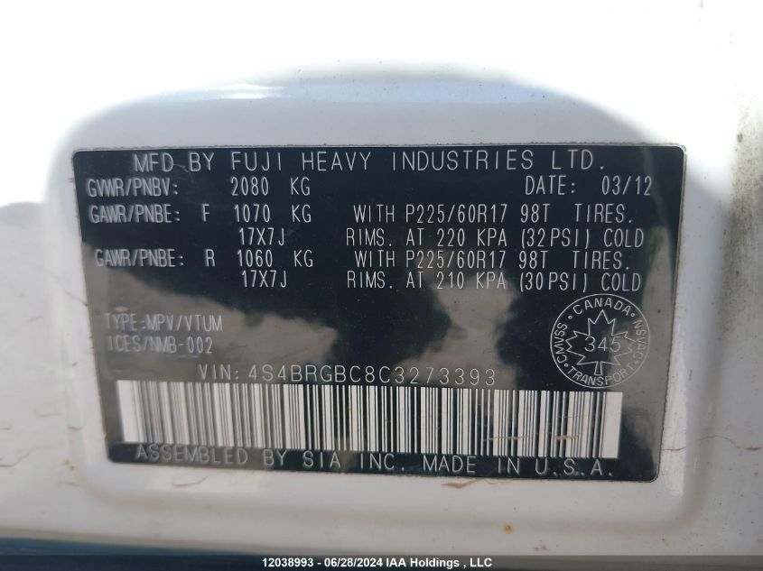 2012 Subaru Outback VIN: 4S4BRGBC8C3273393 Lot: 12038993