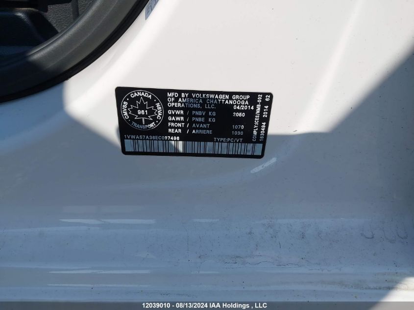 2014 Volkswagen Passat VIN: 1VWAS7A36EC097496 Lot: 12039010