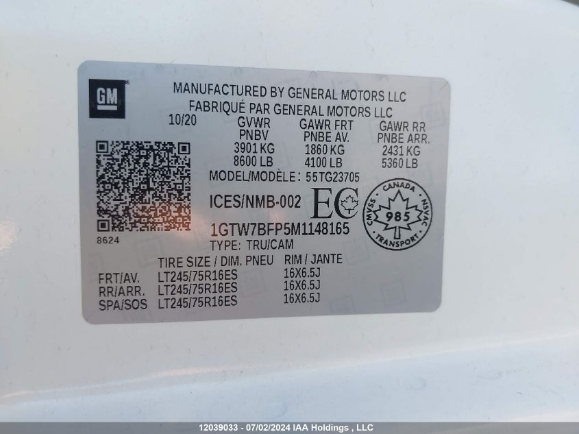 2021 GMC Savana G2500 VIN: 1GTW7BFP5M1148165 Lot: 12039033