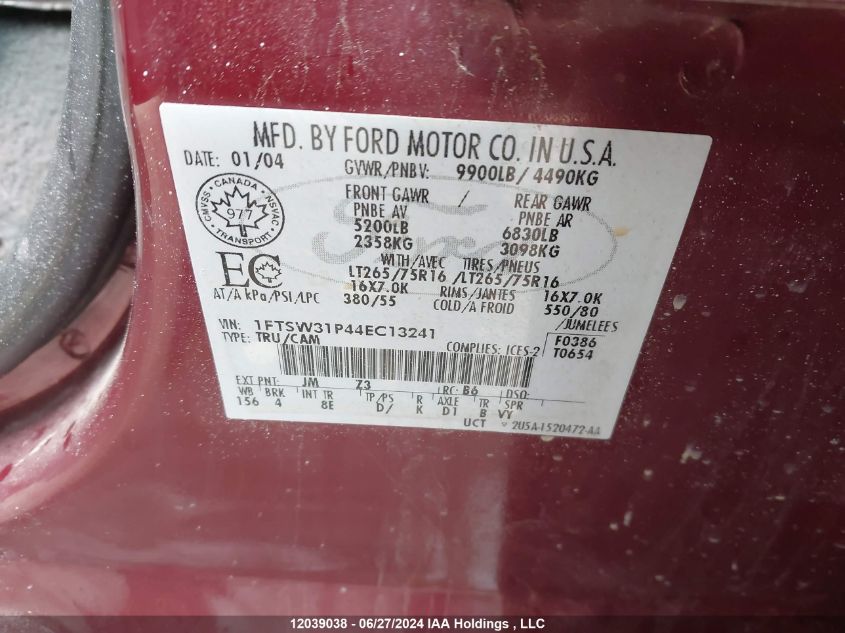 2004 Ford F350 Srw Super Duty VIN: 1FTSW31P44EC13241 Lot: 12039038
