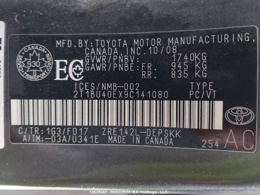 2009 Toyota Corolla S/Le/Xle VIN: 2T1BU40EX9C141080 Lot: 12039043