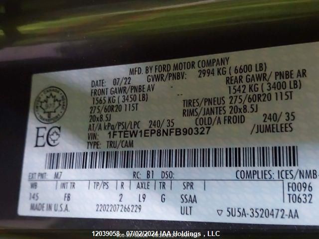 2022 Ford F-Series VIN: 1FTEW1EP8NFB90327 Lot: 12039058