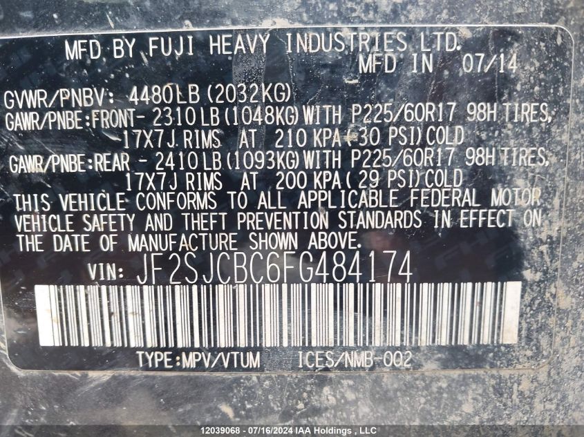 2015 Subaru Forester VIN: JF2SJCBC6FG484174 Lot: 12039068