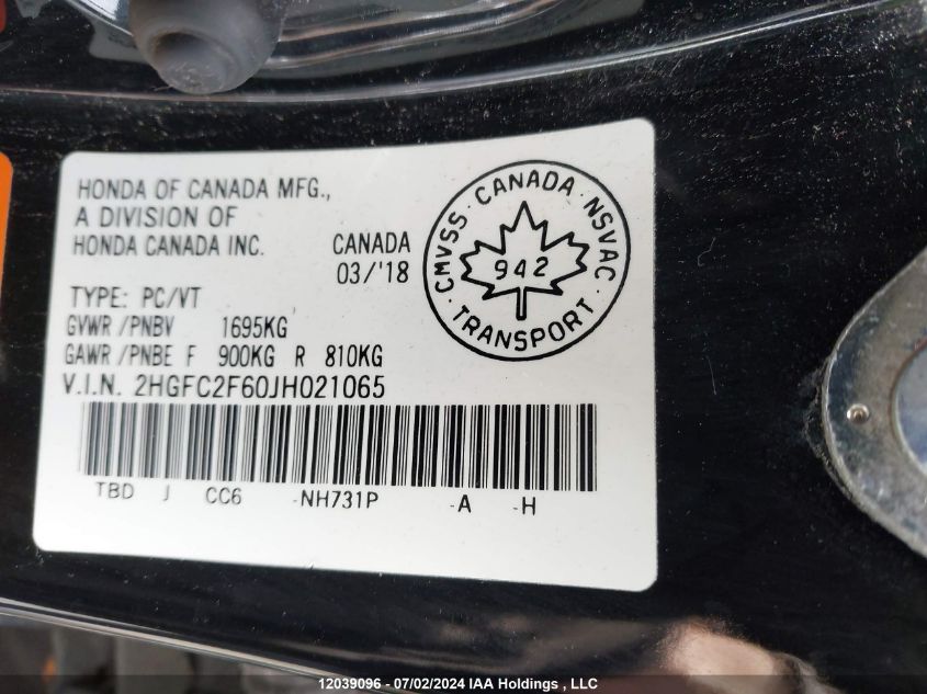 2018 Honda Civic Sedan VIN: 2HGFC2F60JH021065 Lot: 12039096