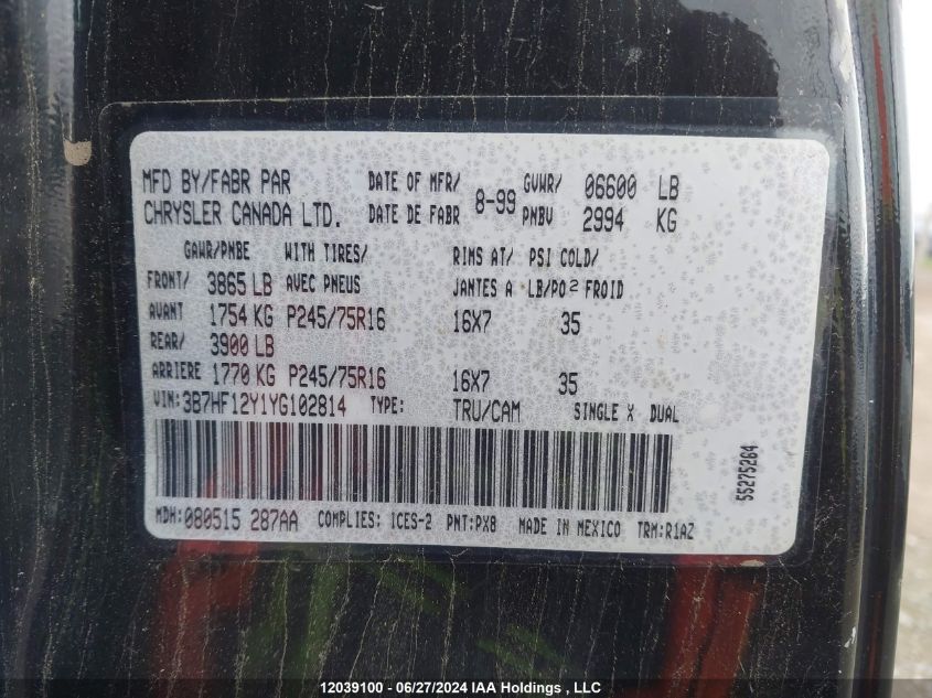 2000 Dodge Ram 1500 VIN: 3B7HF12Y1YG102814 Lot: 12039100